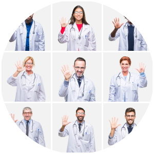 Kollage mehrerer Ärzte mit winkender Hand